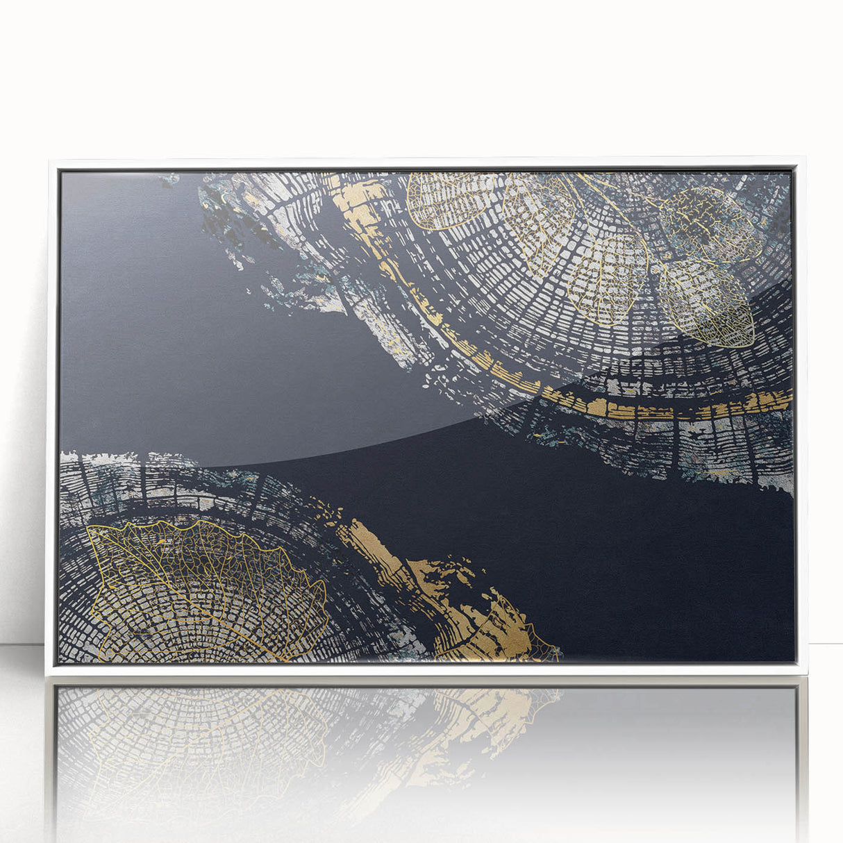 Framed abstract wall art showcasing vibrant strokes and lines in shades of blue, yellow, and gray, set against a sleek white frame for contemporary decor.
