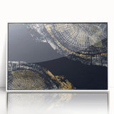 Framed abstract wall art showcasing vibrant strokes and lines in shades of blue, yellow, and gray, set against a sleek white frame for contemporary decor.