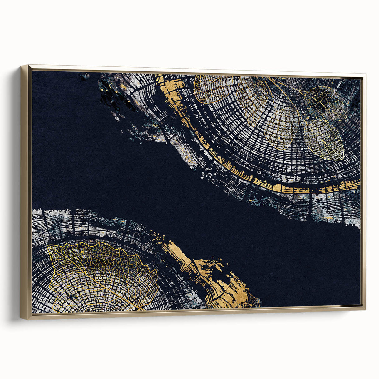 Framed abstract wall art showcasing dynamic strokes and lines in gold and black, perfect for modern home decor with a sophisticated touch.