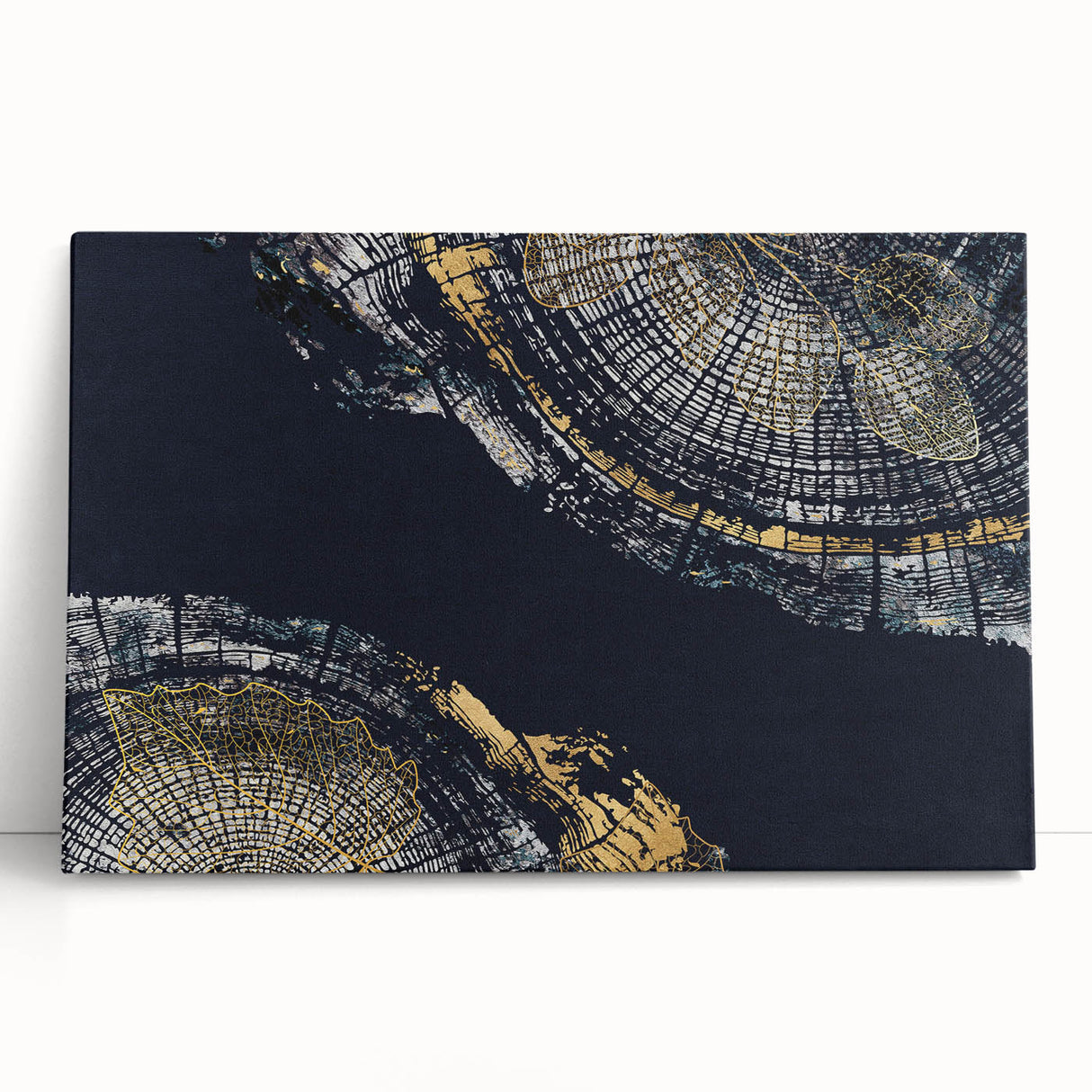 Abstract wall art featuring vibrant strokes and lines in shades of blue, pink, and gold on a stretched canvas, perfect for modern decor.