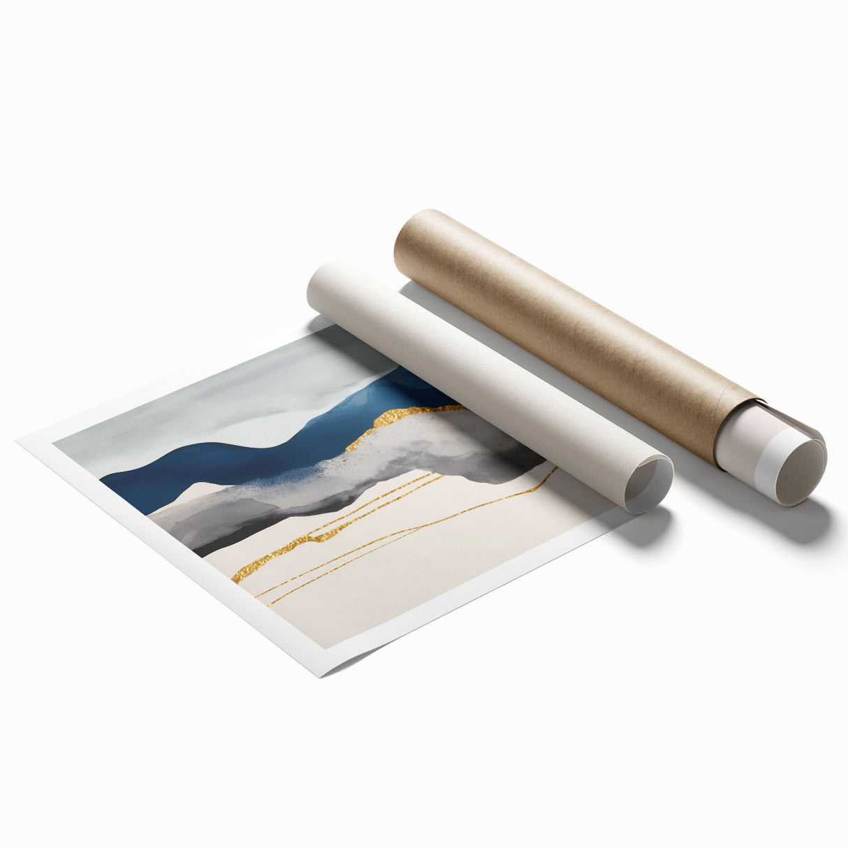 Abstract wall art print showcasing vibrant strokes and lines in shades of blue, orange, and yellow, perfect for modern home decor.