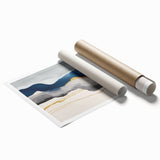 Abstract wall art print showcasing vibrant strokes and lines in shades of blue, orange, and yellow, perfect for modern home decor.