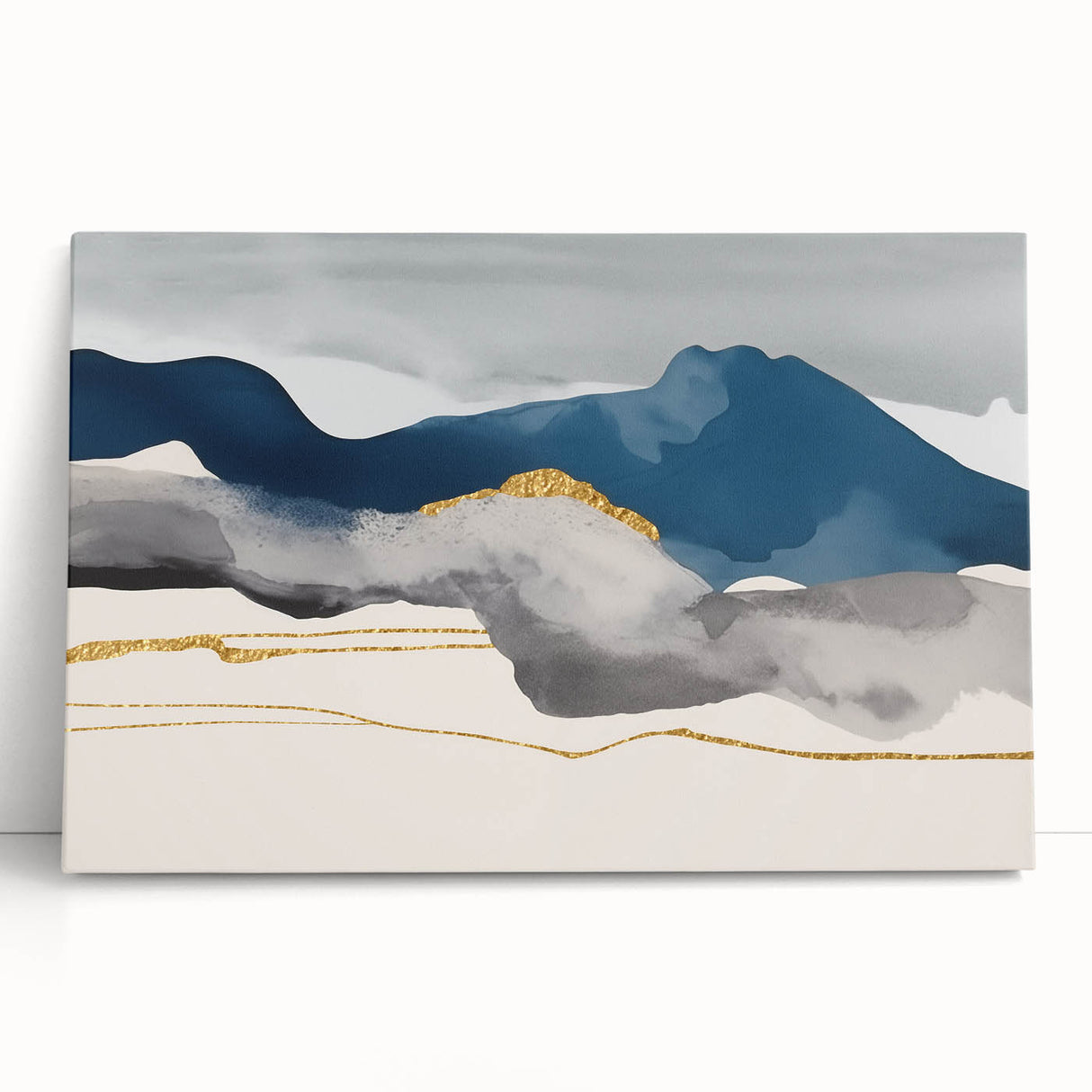 Abstract wall art featuring vibrant strokes and lines in shades of blue, yellow, and red, displayed on a stretched canvas, ideal for modern decor.