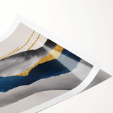 Abstract wall art print showcasing vibrant strokes and lines in shades of blue, orange, and yellow, perfect for modern home decor.