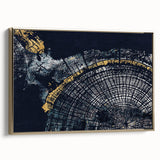 Framed abstract wall art showcasing dynamic gold strokes and lines on a textured canvas, adding a modern touch to interior decor.