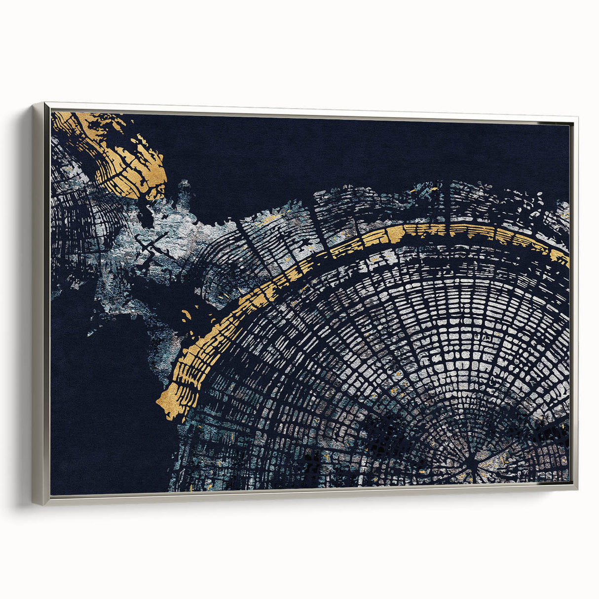 Framed wall art featuring an abstract strokes and lines design in silver tones, showcasing a modern aesthetic ideal for contemporary decor.