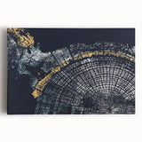 Abstract wall art featuring colorful strokes and lines on stretched canvas, showcasing vibrant hues of blue, orange, and yellow in a modern design.