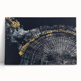 Abstract wall art on stretched canvas showcasing vibrant strokes and lines in shades of blue, pink, and gold, perfect for modern decor.