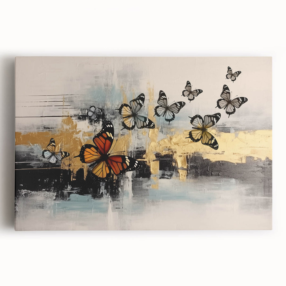 Abstract canvas wall art featuring a vibrant composition of colorful strokes and lines, adding a modern touch to any decor space.
