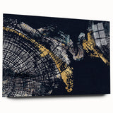 Abstract wall art featuring vibrant strokes and lines in shades of blue, orange, and yellow, displayed in a sleek acrylic frame against a neutral background. Ideal for modern home decor.