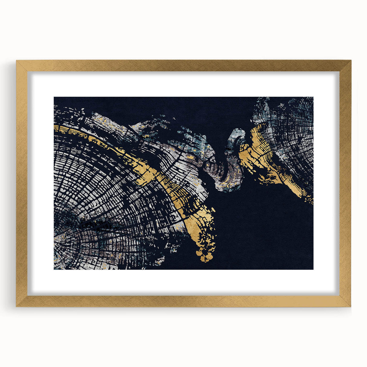 Abstract wall art featuring dynamic strokes and lines in gold and neutral tones, framed with a mat, perfect for modern decor. Ideal for enhancing living spaces.