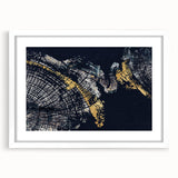 Abstract wall art featuring vibrant strokes and lines in shades of blue, pink, and gold, framed with a white mat, perfect for modern home decor.