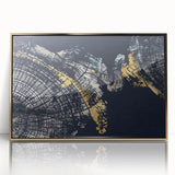 Framed wall art featuring an abstract design of gold strokes and lines on a white background, perfect for modern home decor, adding elegance to any space.