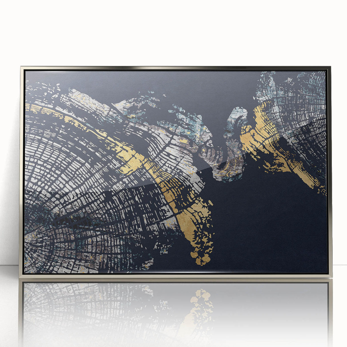 Framed abstract wall art featuring elegant strokes and lines in silver tones, ideal for modern home decor. The artwork adds a contemporary touch to any room.
