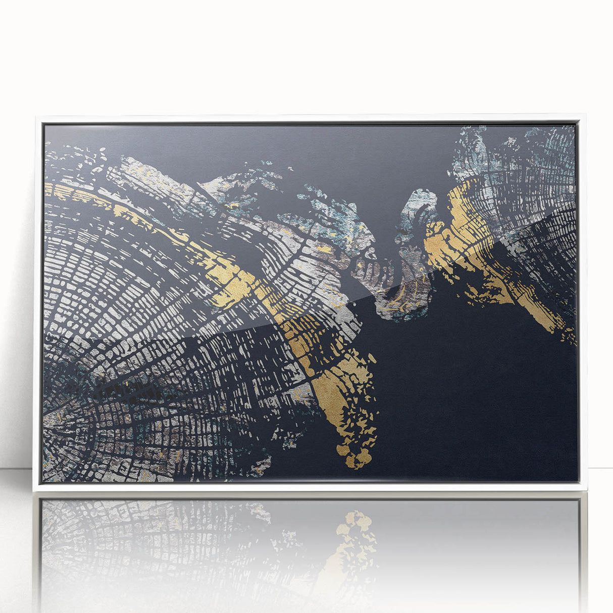 Framed abstract wall art featuring vibrant strokes and lines in shades of blue, yellow, and white, designed for modern decor in living spaces.