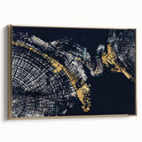 Framed canvas wall art showcasing an abstract design with gold strokes and lines, adding a modern touch to home decor. Features a sleek side view, perfect for stylish interiors.