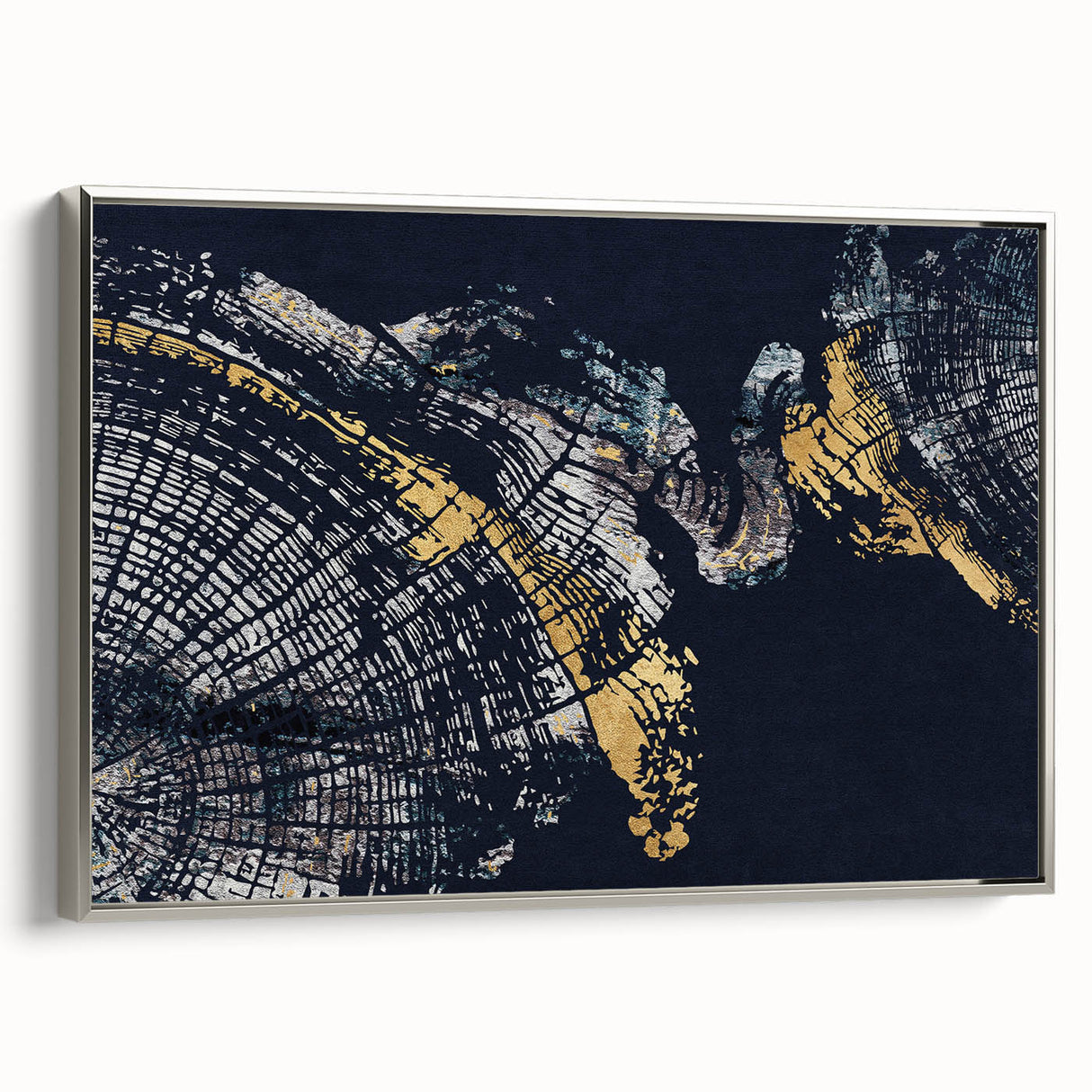 Framed wall art showcasing an abstract design of colorful strokes and lines in a silver frame, ideal for modern home decor or office spaces.