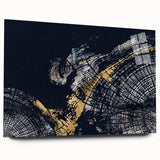 Abstract wall art featuring vibrant strokes and lines in various shades of blue, pink, and yellow, showcased in an acrylic glass frame, emphasizing modern artistic design.