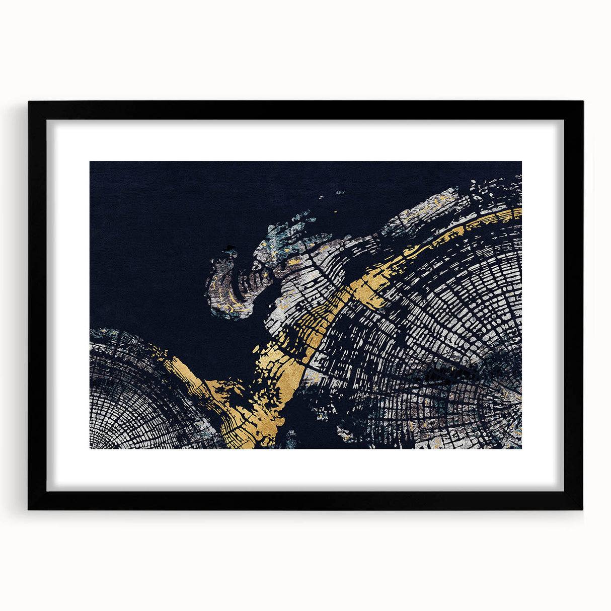 Abstract wall art piece featuring bold strokes and lines in a modern design, framed with a sleek black mat, perfect for contemporary home decor.
