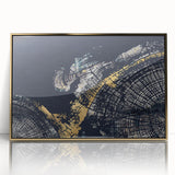 Framed wall art featuring an abstract design of gold strokes and lines on a white background, adding a modern touch to home decor. Perfect for contemporary interiors.