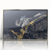 Framed wall art piece showcasing an abstract design of colorful strokes and lines in silver and white, perfect for modern home decor.