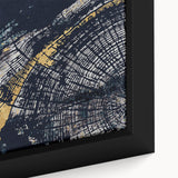 Close-up of a framed canvas wall art piece showcasing an abstract design with colorful strokes and lines, perfect for modern home decor.