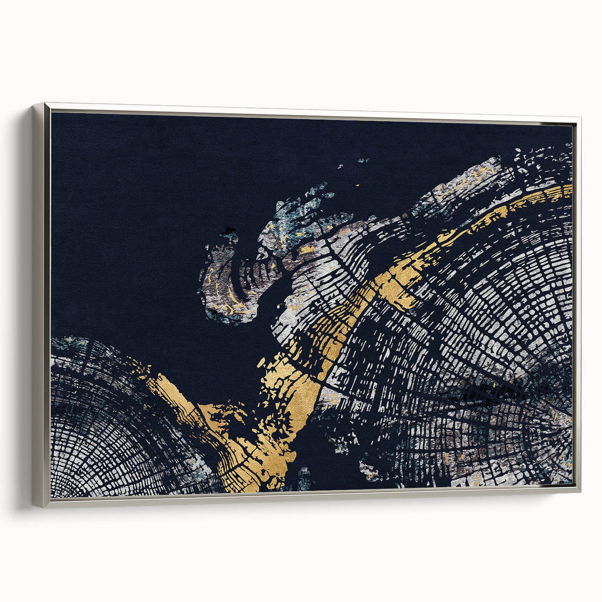 Framed wall art featuring an abstract design with strokes and lines in soothing silver tones, showcasing a modern aesthetic ideal for contemporary decor.