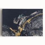 Abstract wall art design featuring vibrant strokes and lines in shades of blue, orange, and yellow, printed on stretched canvas for modern home decor.