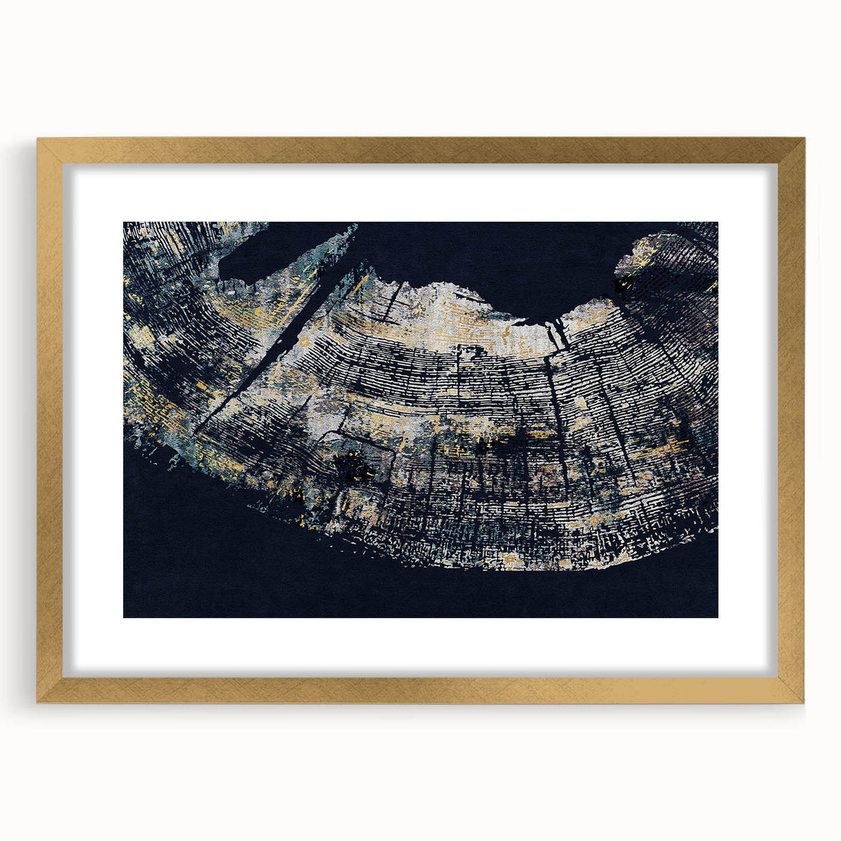 Abstract wall art featuring strokes and lines in a modern design, framed with a gold mat, perfect for contemporary home decor. The artwork adds elegance and sophistication to any space, showcasing a harmonious blend of colors and abstract shapes.