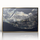 Framed wall art featuring an abstract design of colorful strokes and lines in gold and blue hues, perfect for modern decor or artistic spaces.