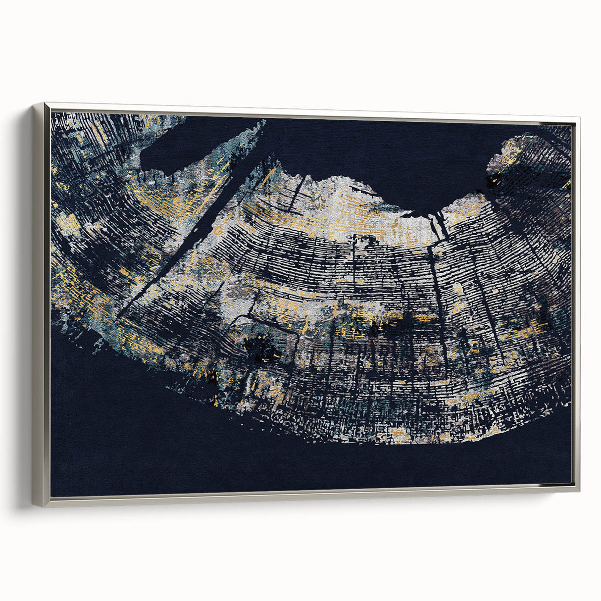 Framed wall art featuring an abstract design of strokes and lines in silver tones, showcasing a modern aesthetic suitable for contemporary decor.