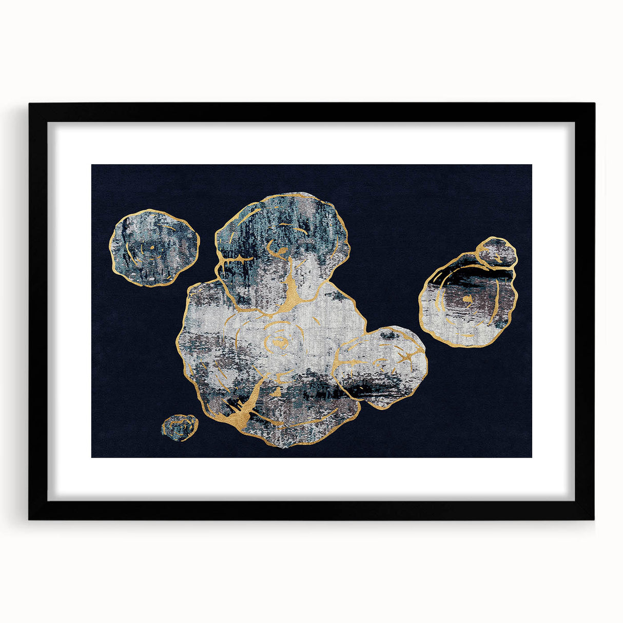 Abstract wall art print featuring colorful strokes and lines in a modern design, framed with a black mat, ideal for contemporary decor in living spaces.