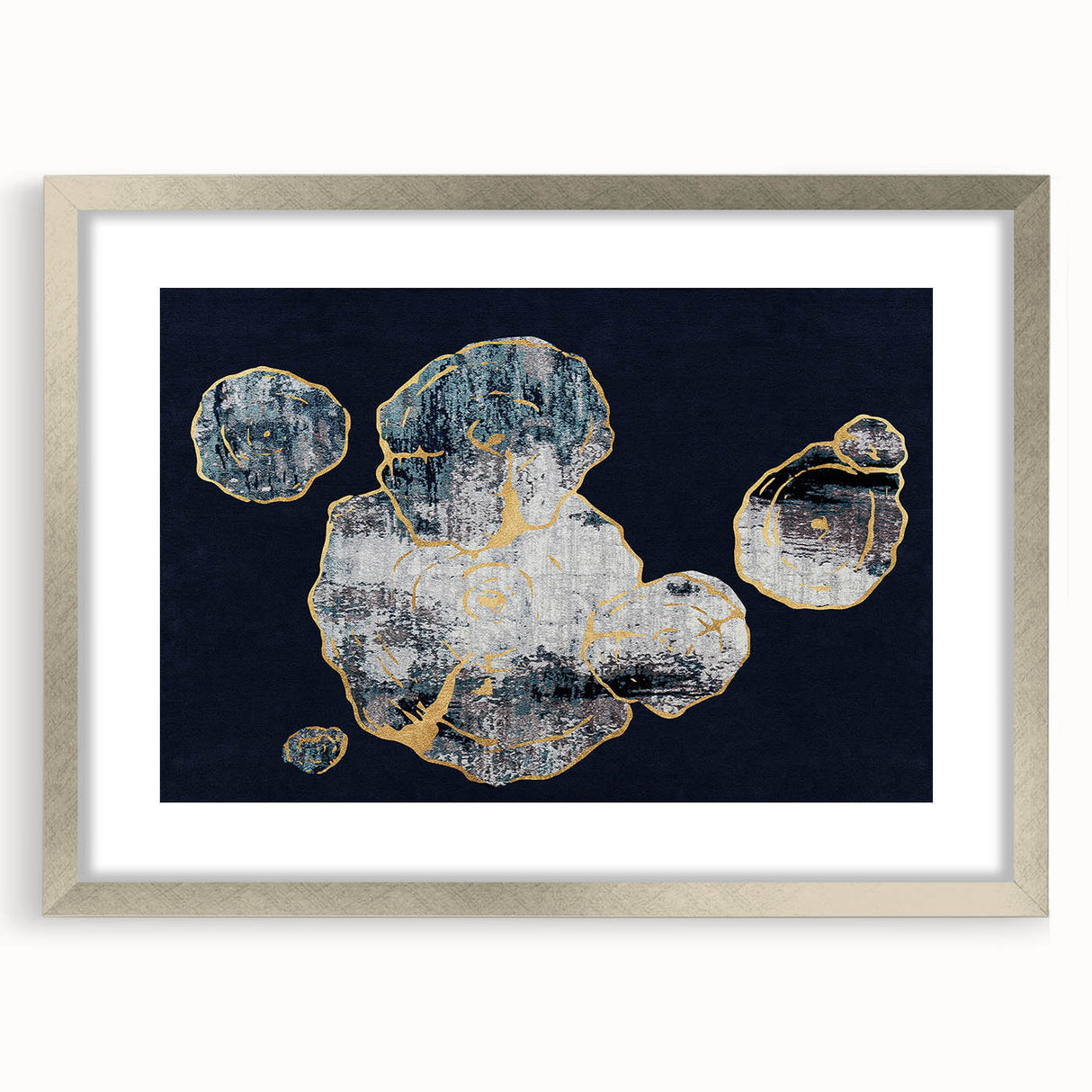 Abstract strokes and lines wall art framed in silver, showcasing a modern design with muted colors and geometric patterns, perfect for contemporary decor.