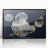 Framed acrylic wall art featuring an abstract design of colorful strokes and lines, set against a black background, ideal for modern home decor.