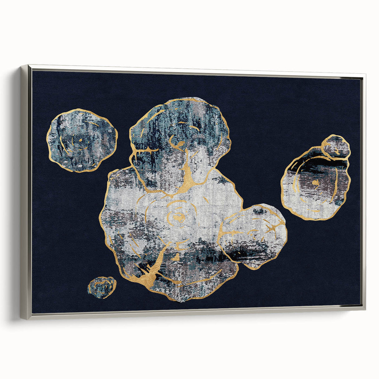 Framed canvas wall art featuring an abstract design of strokes and lines in silver tones, showcasing a modern aesthetic perfect for contemporary decor.