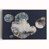 Abstract wall art featuring vibrant strokes and lines in shades of blue, orange, and yellow on a stretched canvas, ideal for modern home decor.