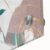 Close-up of an abstract wall art piece showcasing vibrant strokes and lines in a blend of colors, printed on acrylic glass, ideal for modern decor.