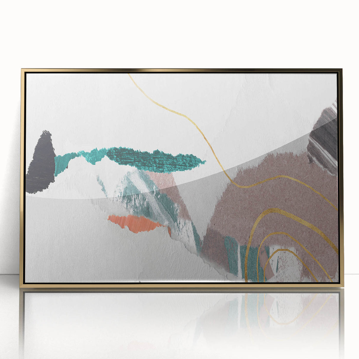 Framed wall art featuring an abstract design of colorful strokes and lines in gold and blue, perfect for modern decor, showcasing artistic elegance and style.