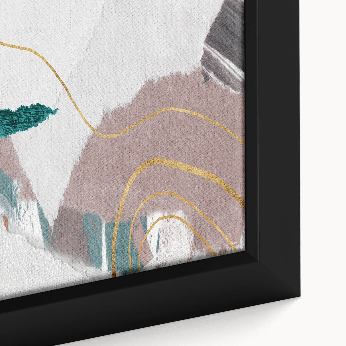 Close-up of a framed abstract wall art piece showcasing vibrant strokes and dynamic lines in shades of blue, orange, and gold, perfect for modern decor.