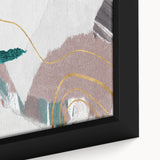 Close-up of a framed abstract wall art piece showcasing vibrant strokes and dynamic lines in shades of blue, orange, and gold, perfect for modern decor.