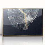 Framed acrylic wall art displaying an abstract design of gold strokes and lines, showcasing a modern aesthetic perfect for contemporary home decor.