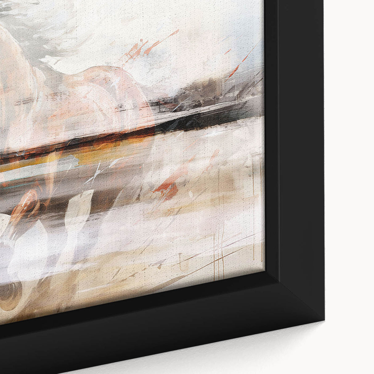 Close-up of a framed abstract wall art piece showcasing vibrant strokes and lines in varying colors, ideal for modern decor enhancement.