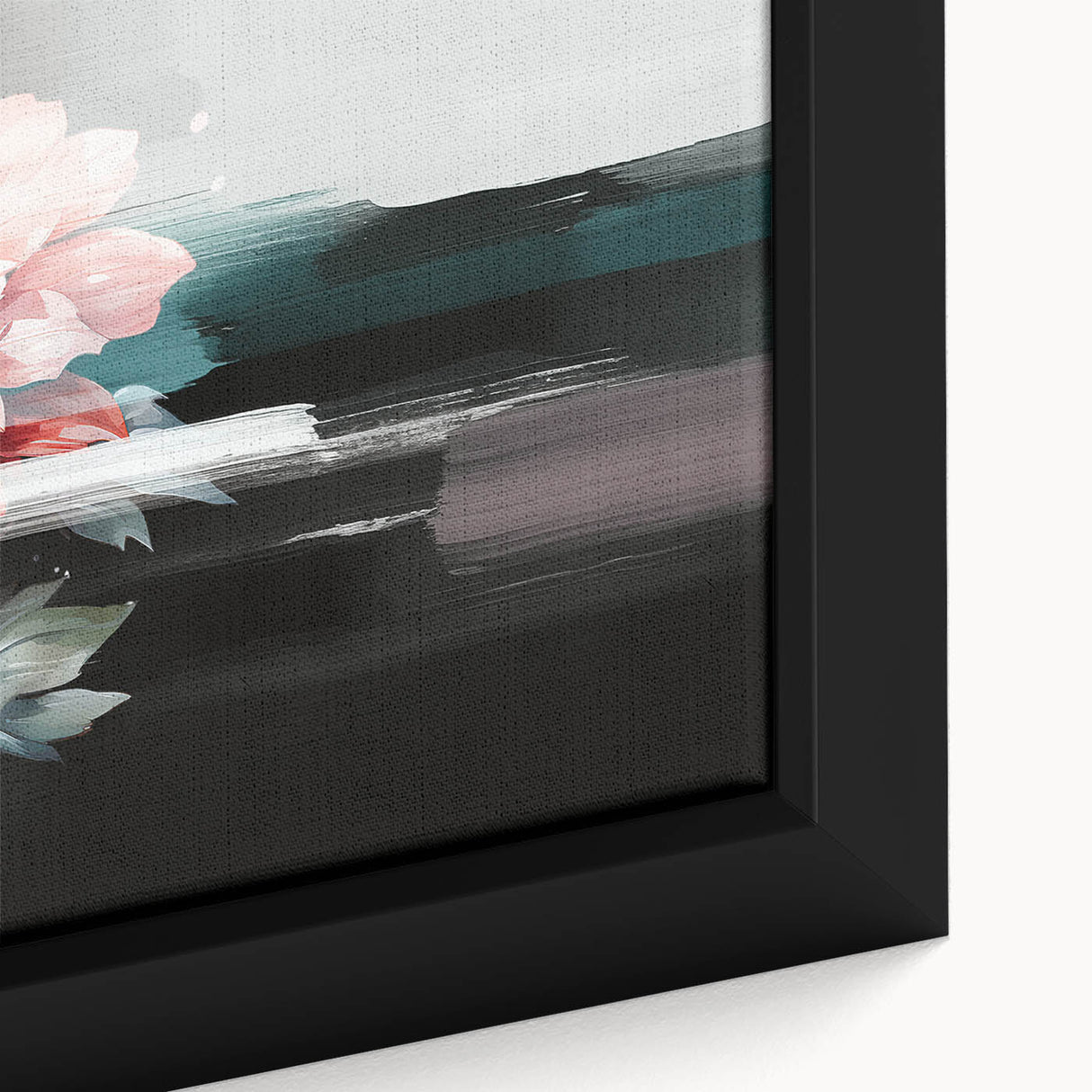Close-up of a framed canvas wall art print showcasing an abstract design with vibrant strokes and lines in bold colors, perfect for modern decor.