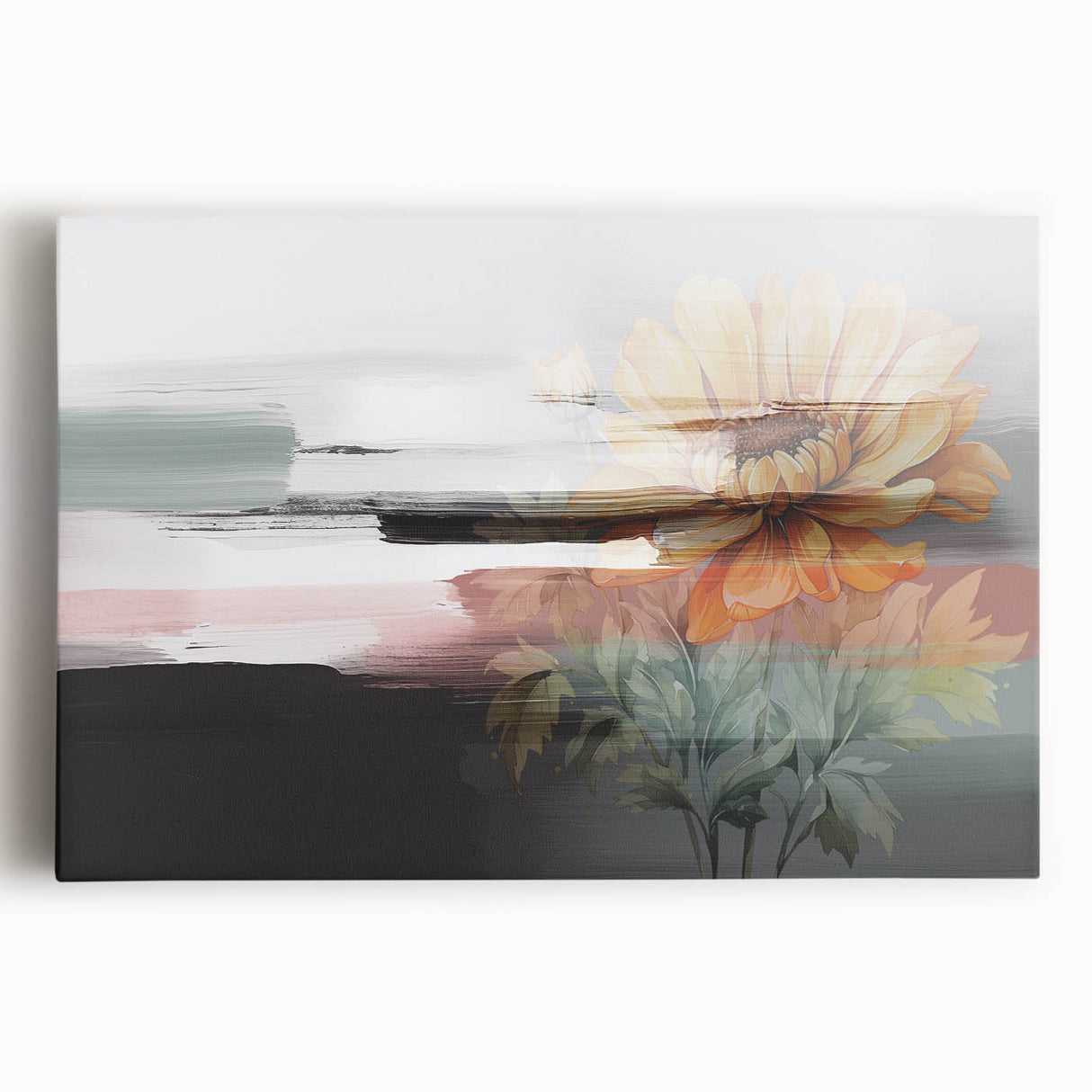 Abstract wall art print showcasing vibrant strokes and lines in a blend of blue, orange, and yellow hues on stretched canvas, ideal for modern decor.