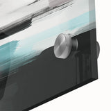 Abstract wall art close-up showcasing vibrant strokes and lines in shades of blue, orange, and green on acrylic glass for modern decor.