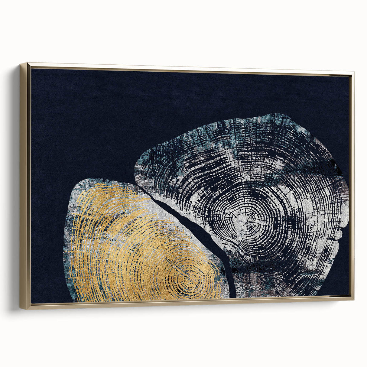 Framed canvas wall art showcasing an abstract design of gold strokes and lines, elegantly displayed in a side view. Perfect for modern home decor.