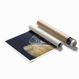 Abstract wall art print showcasing vibrant strokes and lines in hues of blue, orange, and yellow, perfect for modern home decor, delivered in protective packaging.