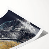 Abstract wall art print showcasing vibrant strokes and lines in shades of blue, orange, and yellow, ideal for modern home decor, packaged for easy framing.