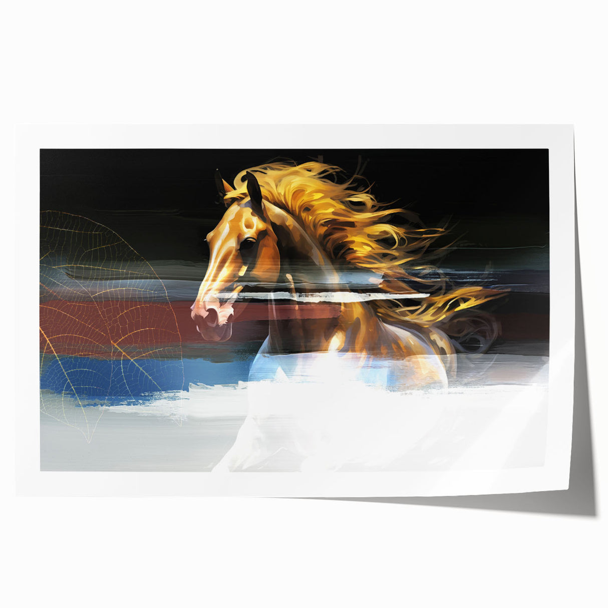 Abstract wall art print featuring vibrant strokes and lines in shades of blue, orange, and yellow, perfect for modern home decor.