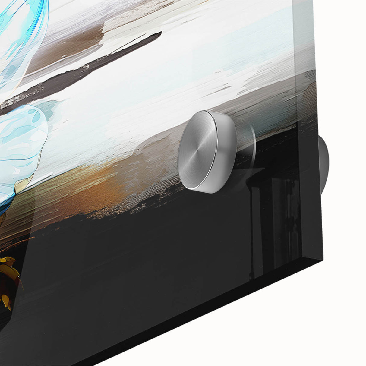 Abstract wall art design showcasing vibrant strokes and lines in shades of blue, orange, and yellow, printed on acrylic glass for modern decor.